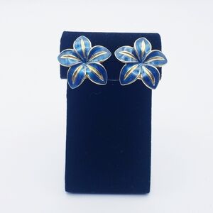 Elegant Teal and Gold Hibiscus Floral Clip Earrings
